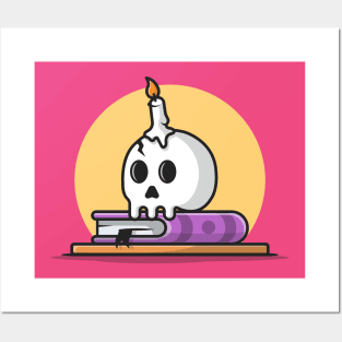 Skull with Candle On Book Cartoon Vector Icon Illustration Posters and Art